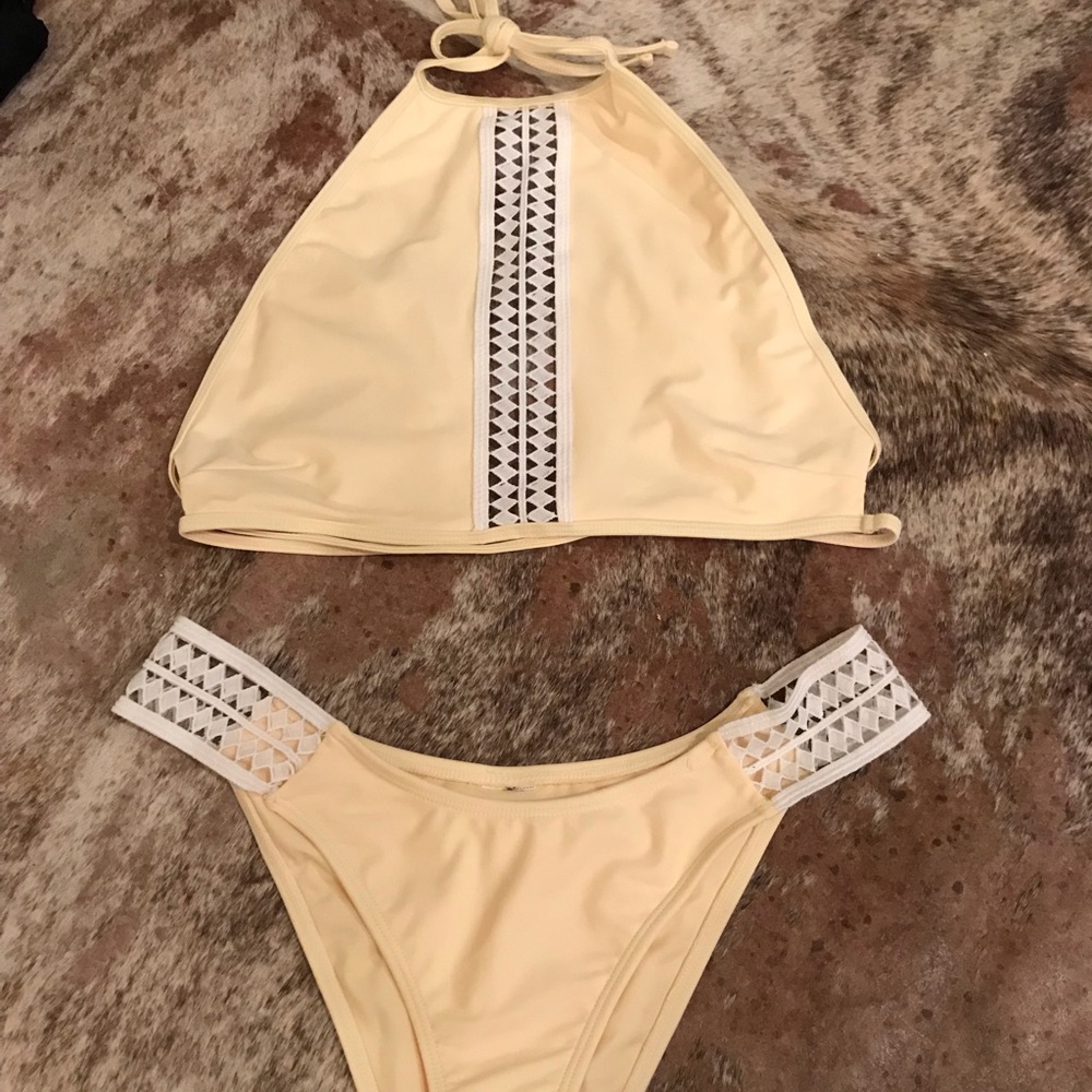 Two-piece yellow halter top bikini set